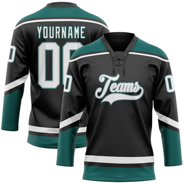 Uksn Individuelles Schwarz Weiß Grau-Mitternachtsgrün Eishockey-Trikot mit Schnürkragen