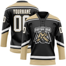 Laden Sie das Bild in den Galerie-Viewer, Uksn Individuelles Schwarz Weiß-Altgold Eishockey-Trikot mit Schnürkragen
