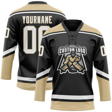 Uksn Individuelles Schwarz Weiß-Altgold Eishockey-Trikot mit Schnürkragen