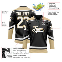 Laden Sie das Bild in den Galerie-Viewer, Uksn Individuelles Schwarz Weiß-Altgold Eishockey-Trikot mit Schnürkragen
