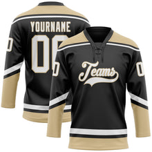 Laden Sie das Bild in den Galerie-Viewer, Uksn Individuelles Schwarz Weiß-Altgold Eishockey-Trikot mit Schnürkragen
