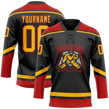 Uksn Individuelles Schwarz Gold-Rot Eishockey-Trikot mit Schnürkragen