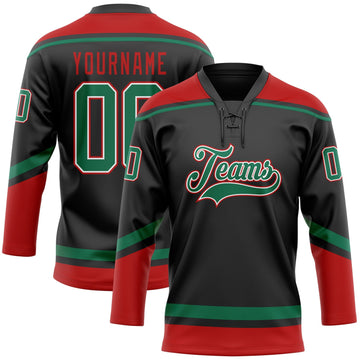 Uksn Individuelles Schwarz Kelly-Grün-Rot Eishockey-Trikot mit Schnürkragen
