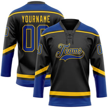 Laden Sie das Bild in den Galerie-Viewer, Uksn Individuelles Schwarz Royalblau-Gelb Eishockey-Trikot mit Schnürkragen
