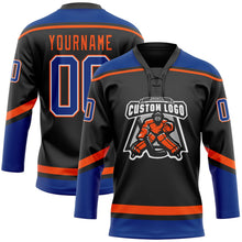 Laden Sie das Bild in den Galerie-Viewer, Uksn Individuelles Schwarz Royalblau-Orange Eishockey-Trikot mit Schnürkragen
