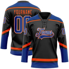 Laden Sie das Bild in den Galerie-Viewer, Uksn Individuelles Schwarz Royalblau-Orange Eishockey-Trikot mit Schnürkragen
