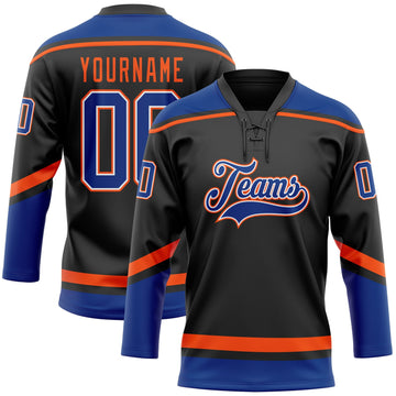 Uksn Individuelles Schwarz Royalblau-Orange Eishockey-Trikot mit Schnürkragen