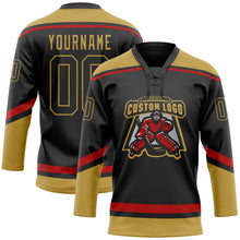 Laden Sie das Bild in den Galerie-Viewer, Uksn Individuelles Schwarz Altgold-Rot Eishockey-Trikot mit Schnürkragen
