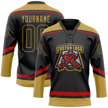 Uksn Individuelles Schwarz Altgold-Rot Eishockey-Trikot mit Schnürkragen