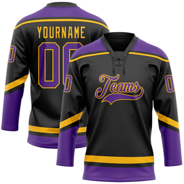 Uksn Individuelles Schwarz Violett-Gold Eishockey-Trikot mit Schnürkragen