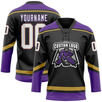 Uksn Individuelles Schwarz Weiß Altgold-Violett Eishockey-Trikot mit Schnürkragen