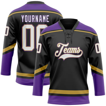 Uksn Individuelles Schwarz Weiß Altgold-Violett Eishockey-Trikot mit Schnürkragen