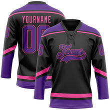 Laden Sie das Bild in den Galerie-Viewer, Uksn Individuelles Schwarz Violett-Pink Eishockey-Trikot mit Schnürkragen
