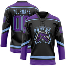 Laden Sie das Bild in den Galerie-Viewer, Uksn Individuelles Schwarz Violett-Hellblau Eishockey-Trikot mit Schnürkragen
