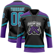 Laden Sie das Bild in den Galerie-Viewer, Uksn Individuelles Schwarz Petrol-Weiß Eishockey-Trikot mit Schnürkragen

