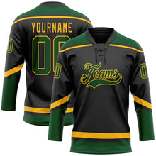 Laden Sie das Bild in den Galerie-Viewer, Uksn Individuelles Schwarz Grün-Gold Eishockey-Trikot mit Schnürkragen
