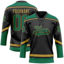 Laden Sie das Bild in den Galerie-Viewer, Uksn Individuelles Schwarz Kelly-Grün-Altgold Eishockey-Trikot mit Schnürkragen
