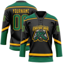 Laden Sie das Bild in den Galerie-Viewer, Uksn Individuelles Schwarz Kelly-Grün-Gold Eishockey-Trikot mit Schnürkragen
