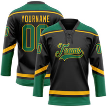 Laden Sie das Bild in den Galerie-Viewer, Uksn Individuelles Schwarz Kelly-Grün-Gold Eishockey-Trikot mit Schnürkragen
