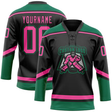 Laden Sie das Bild in den Galerie-Viewer, Uksn Individuelles Schwarz Pink-Kelly-Grün Eishockey-Trikot mit Schnürkragen
