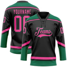Laden Sie das Bild in den Galerie-Viewer, Uksn Individuelles Schwarz Pink-Kelly-Grün Eishockey-Trikot mit Schnürkragen
