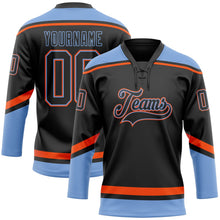 Laden Sie das Bild in den Galerie-Viewer, Uksn Individuelles Schwarz Puderblau-Orange Eishockey-Trikot mit Schnürkragen
