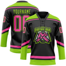Laden Sie das Bild in den Galerie-Viewer, Uksn Individuelles Schwarz Pink-Neongrün Eishockey-Trikot mit Schnürkragen
