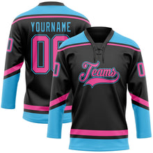 Laden Sie das Bild in den Galerie-Viewer, Uksn Individuelles Schwarz Pink-Himmelblau Eishockey-Trikot mit Schnürkragen
