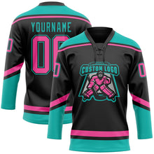 Laden Sie das Bild in den Galerie-Viewer, Uksn Individuelles Schwarz Pink-Aqua Eishockey-Trikot mit Schnürkragen
