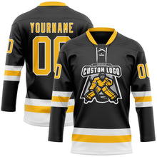 Laden Sie das Bild in den Galerie-Viewer, Uksn Individuelles Schwarz Gold-Weiß Eishockey-Trikot mit Schnürkragen
