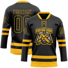 Laden Sie das Bild in den Galerie-Viewer, Uksn Individuelles Schwarz Gold Eishockey-Trikot mit Schnürkragen

