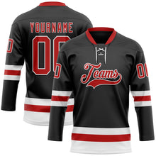 Laden Sie das Bild in den Galerie-Viewer, Uksn Individuelles Schwarz Rot-Weiß Eishockey-Trikot mit Schnürkragen
