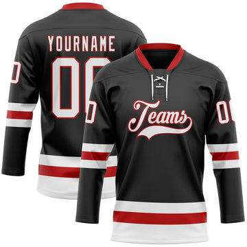 Uksn Individuelles Schwarz Weiß-Rot Eishockey-Trikot mit Schnürkragen