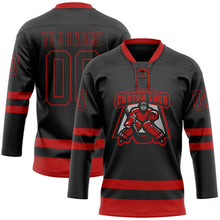 Laden Sie das Bild in den Galerie-Viewer, Uksn Individuelles Schwarz Rot Eishockey-Trikot mit Schnürkragen
