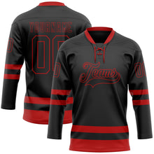 Laden Sie das Bild in den Galerie-Viewer, Uksn Individuelles Schwarz Rot Eishockey-Trikot mit Schnürkragen
