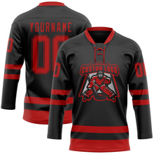 Laden Sie das Bild in den Galerie-Viewer, Uksn Individuelles Schwarz Rot Eishockey-Trikot mit Schnürkragen
