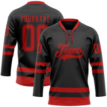Laden Sie das Bild in den Galerie-Viewer, Uksn Individuelles Schwarz Rot Eishockey-Trikot mit Schnürkragen
