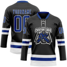 Laden Sie das Bild in den Galerie-Viewer, Uksn Individuelles Schwarz Royalblau-Weiß Eishockey-Trikot mit Schnürkragen
