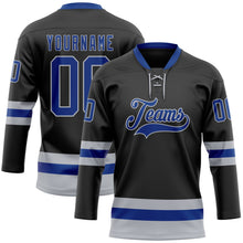 Laden Sie das Bild in den Galerie-Viewer, Uksn Individuelles Schwarz Royalblau-Grau Eishockey-Trikot mit Schnürkragen
