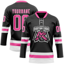 Laden Sie das Bild in den Galerie-Viewer, Uksn Individuelles Schwarz Pink-Weiß Eishockey-Trikot mit Schnürkragen
