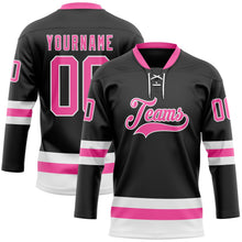 Laden Sie das Bild in den Galerie-Viewer, Uksn Individuelles Schwarz Pink-Weiß Eishockey-Trikot mit Schnürkragen
