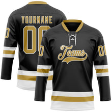 Laden Sie das Bild in den Galerie-Viewer, Uksn Individuelles Schwarz Altgold-Weiß Eishockey-Trikot mit Schnürkragen
