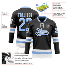 Laden Sie das Bild in den Galerie-Viewer, Uksn Individuelles Schwarz Hellblau-Weiß Eishockey-Trikot mit Schnürkragen
