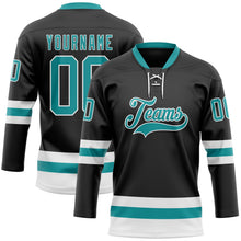 Laden Sie das Bild in den Galerie-Viewer, Uksn Individuelles Schwarz Petrol-Weiß Eishockey-Trikot mit Schnürkragen
