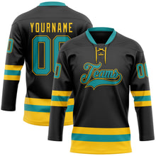 Laden Sie das Bild in den Galerie-Viewer, Uksn Individuelles Schwarz Petrol-Gelb Eishockey-Trikot mit Schnürkragen
