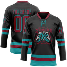 Laden Sie das Bild in den Galerie-Viewer, Uksn Individuelles Schwarz Karmesinrot-Petrol Eishockey-Trikot mit Schnürkragen
