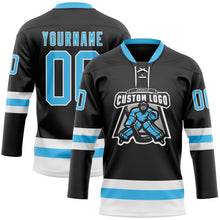 Laden Sie das Bild in den Galerie-Viewer, Uksn Individuelles Schwarz Himmelblau-Weiß Eishockey-Trikot mit Schnürkragen
