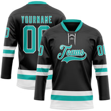Laden Sie das Bild in den Galerie-Viewer, Uksn Individuelles Schwarz Aqua-Weiß Eishockey-Trikot mit Schnürkragen
