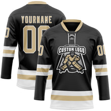 Laden Sie das Bild in den Galerie-Viewer, Uksn Individuelles Schwarz Vegas-Gold-Weiß Eishockey-Trikot mit Schnürkragen
