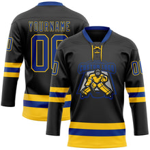 Laden Sie das Bild in den Galerie-Viewer, Uksn Individuelles Schwarz Royalblau-Gelb Eishockey-Trikot mit Schnürkragen
